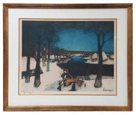 Blauw winterlandschap met rood bruggetje 281/350