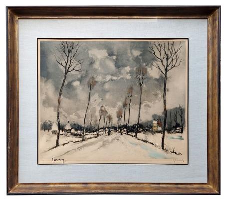 Winterlandschap, twee wandelaars in de sneeuw 322/350