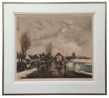 Winterlandschap met wandelaars langs het kanaal 307/350