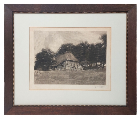 Boer aan boerderij in het veld