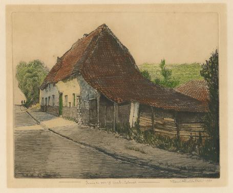 De Belgische kunstenaar Henri Quittelier  met een ets