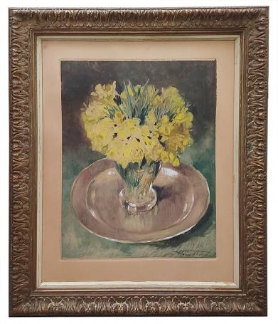 Monotype, Zilveren schotel met vaasje met gele bloemen