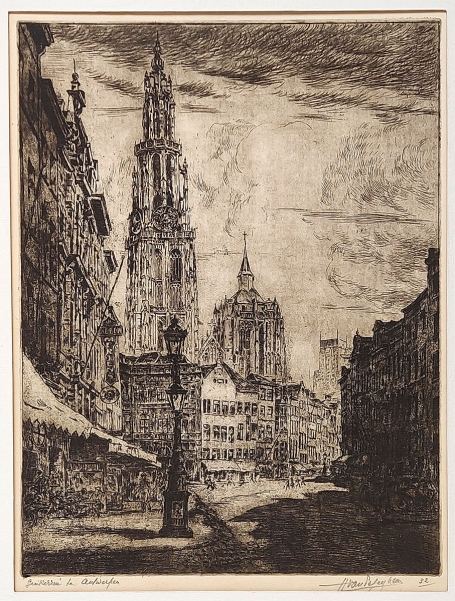 Henri Van Peteghem met een ets, kathedraal Antwerpen