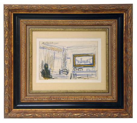 Tekening, vrouw in de living bij groot schilderij