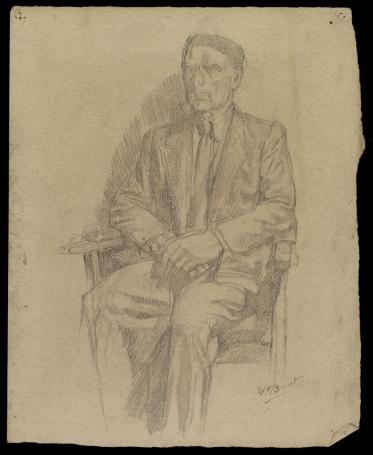 Schets, zittende man met gekruiste handen