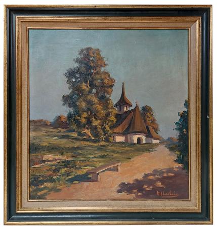 Landschapje met bankje op weg naar de kerk