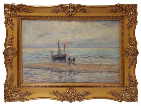 Bootje met 2 vissers aan het strand