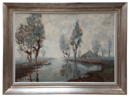 Bomen langs riviertje en een boerderij in  de verte