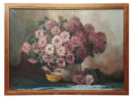 Stilleven, Bloemen met geel potje op tafel