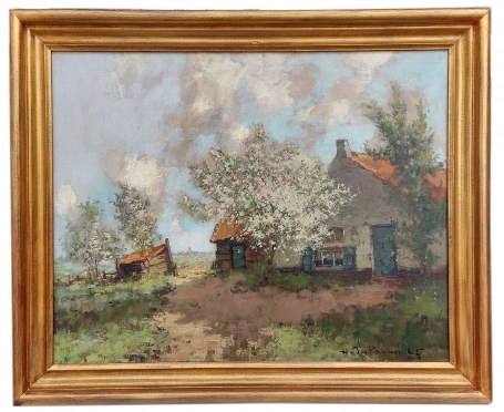 Landschap met boerderij en bloesemde bomen