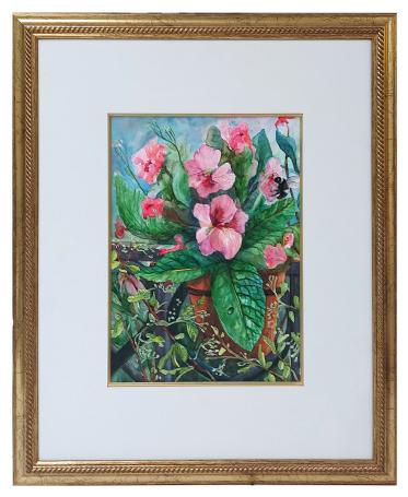 Aquarel, Bloemen met lieveheersbeestje en hommel