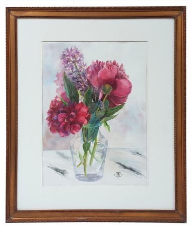 Aquarel, Bloemen in doorzichtig vaasje op tafel 2005
