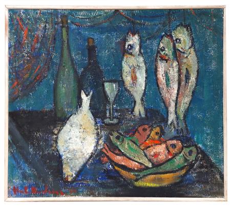 Stilleven met flessen en vissen op tafel 1962