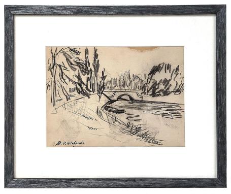 Houtskooltekening, Bruggetje over de beek in het park