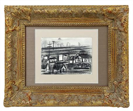 Houtskooltekening, huizen aan de weg