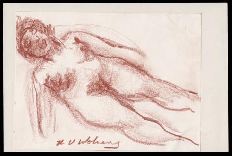 Schets, naakt liggende rustende dame