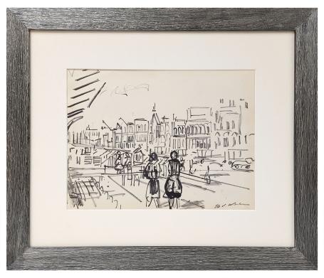 Tekening, mensen op wandel in de straat