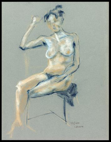 Pastel en houtskool, Zittend naakt 1/4/2000