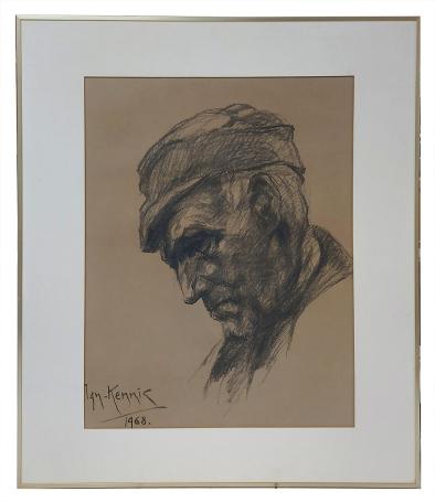 Houtskooltekening, hard labeur man met pet 1968