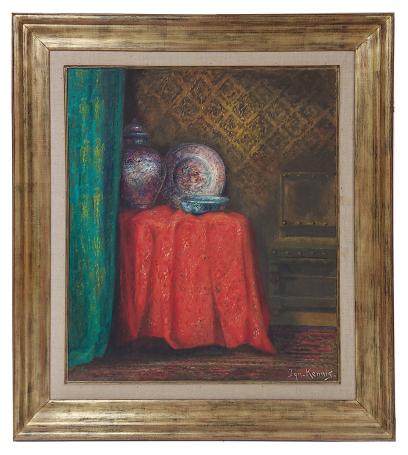 Interieur met Japanse vaas en schotels