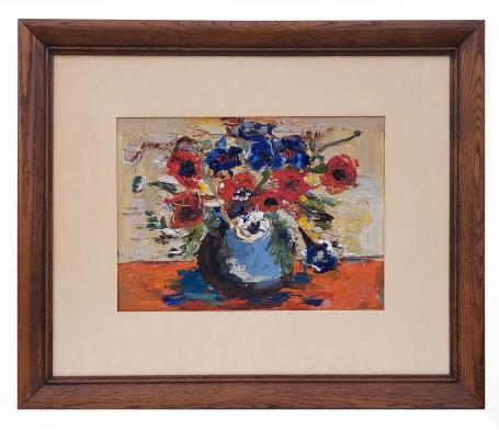 Stilleven bloemen in een blauwe bolvaas 1951