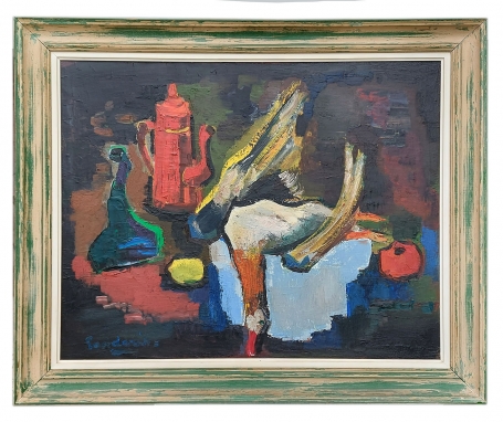 Expressionistisch stilleven met rode kan