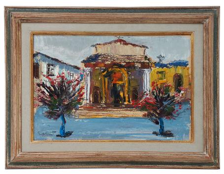 Het plein met kerk en bloeiende bomen