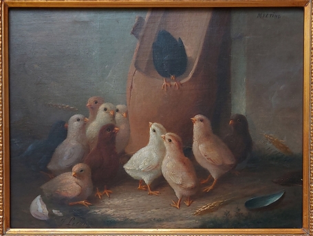 kunstenaar J. Lecosty met een schilderij