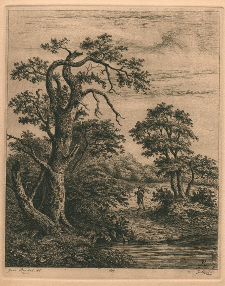 J. Linnig met een ets van een werk naar Jacob Salomonsz. van Ruysdael