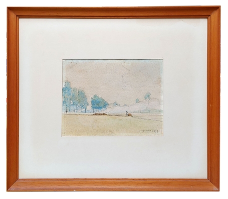 Landschapje met boer en paard in de verte 1949