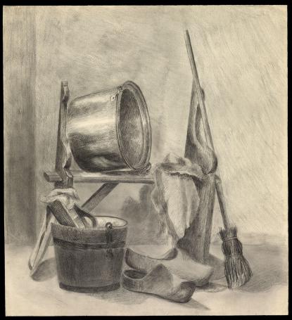 Stilleven, klompen met poetsgerief (+/- 1895)