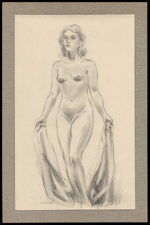 Naakte dame met laken in haar handen