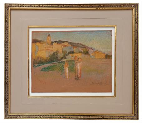 Zuiders tafereel met mensen op wandel bij een stad