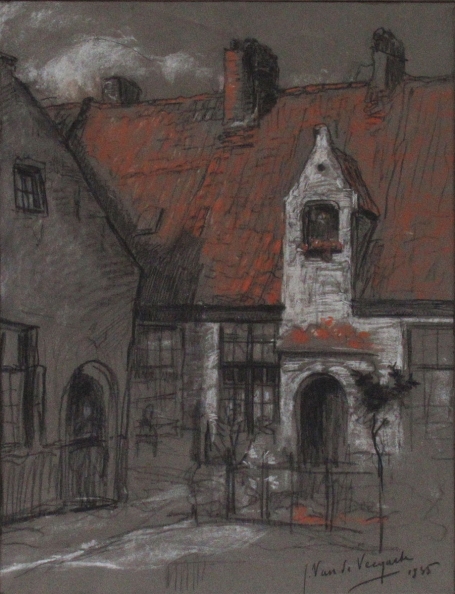 Belgische kunstschilder Julien Van de Veegaete met een tekening