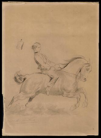 19-de eeuwse tekening, Soldaat met op hol geslagen paard