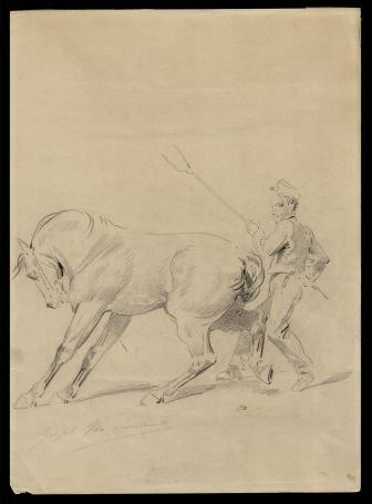 19-de eeuwse tekening, man met hooivork bij onwillig paard