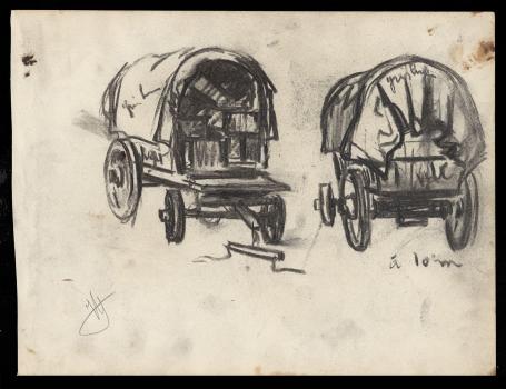 Houtskooltekening, 2 huifkarren en portaal
