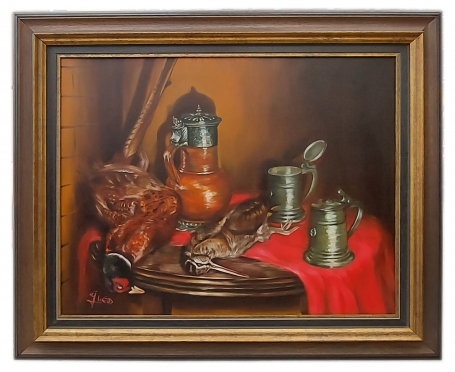 Stilleven met fazant, snip en tinnen kannen