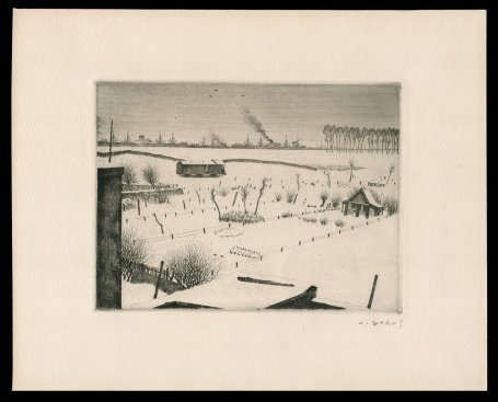 Winterlandschap met weiden en schepen op de achtergrond