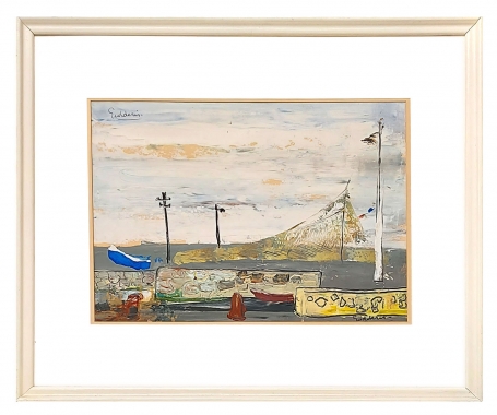 Boot en vissersnetten achter de keermuur