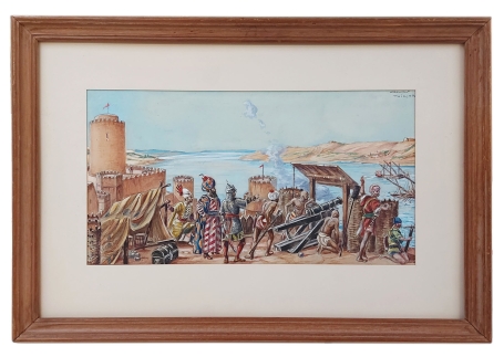 Gouache, "De Turkse blokkade " voor een Liebig chromo