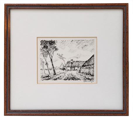 Tekening, hoeve met boompjes