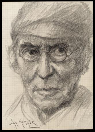 Houtskooltekening, portret van een man met pet en bril