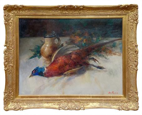 Stilleven met bloemen, fazant en kruik