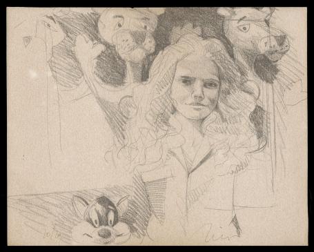 Litho, lachende juffrouw met haar speelgoeddieren 10/20