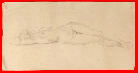Studieschets, Languit gracieus liggende naakte dame