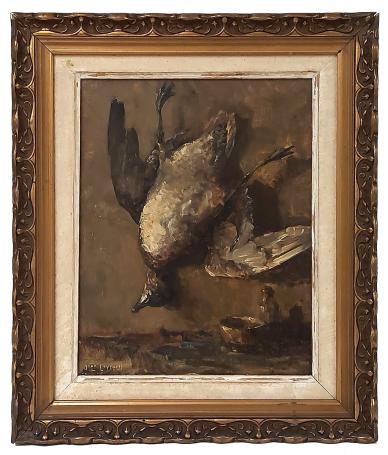 Stilleven, patrijs aan de tafel met kommetje en zoutvat