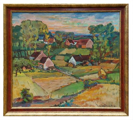 Kleurrijk landschap met boerderijen en akkers