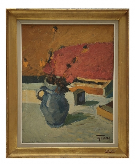 Stiileven Blauw vaasje met rode bloemen