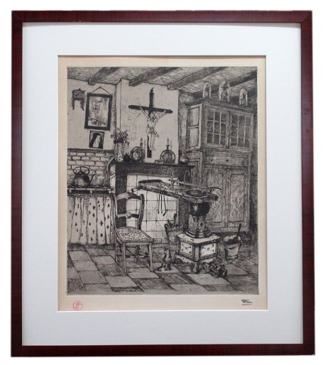 Ets  Keukeninterieur met Leuvense stoof